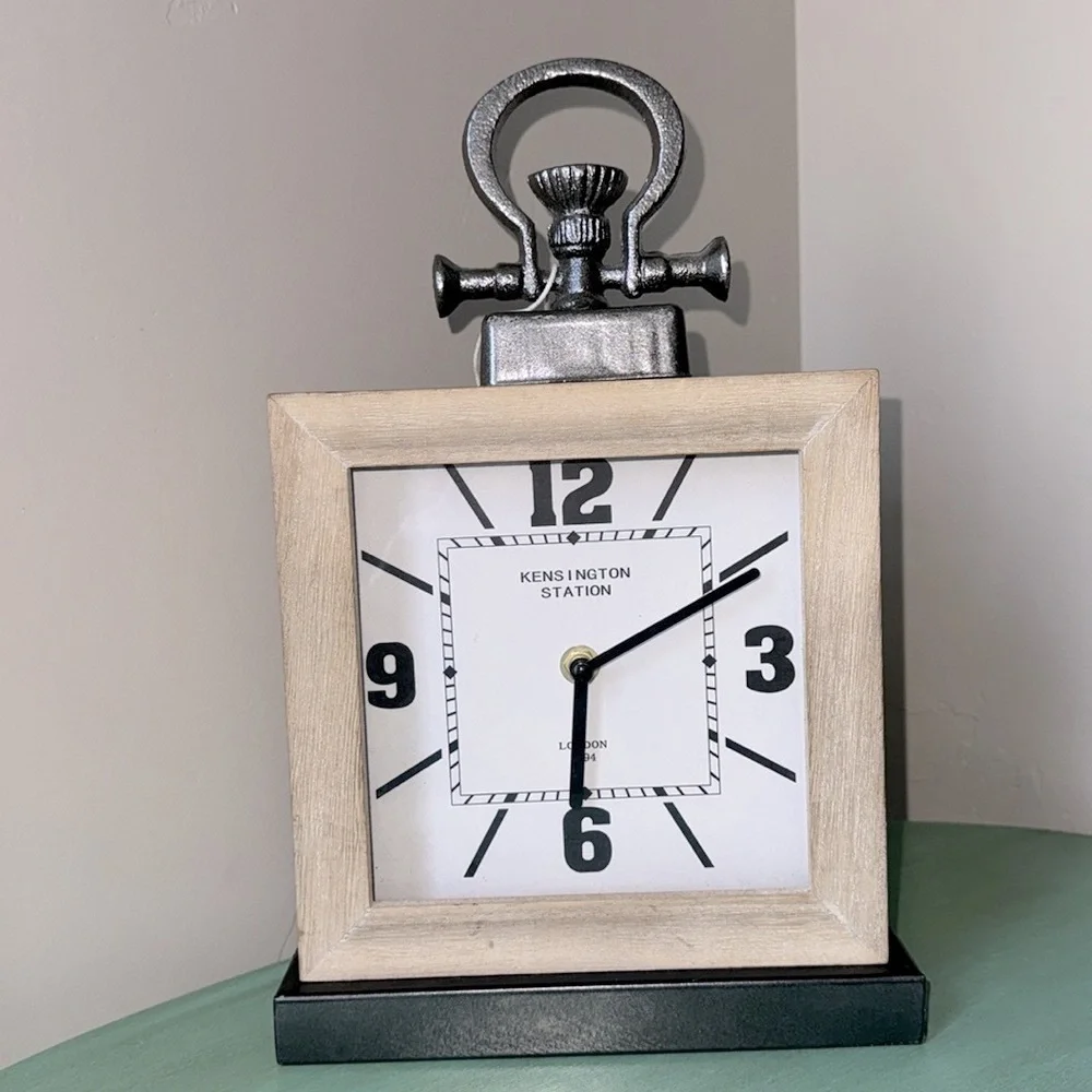 Rustic Industrial Square Table Clock Silver Metal Accents Antique Farmhouse